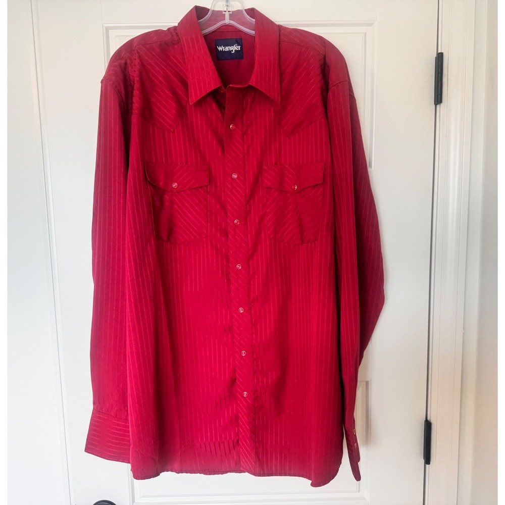Wrangler Western Shirt Mens XL Tall Wine Red Dobby Striped‎ Front Snap Closure